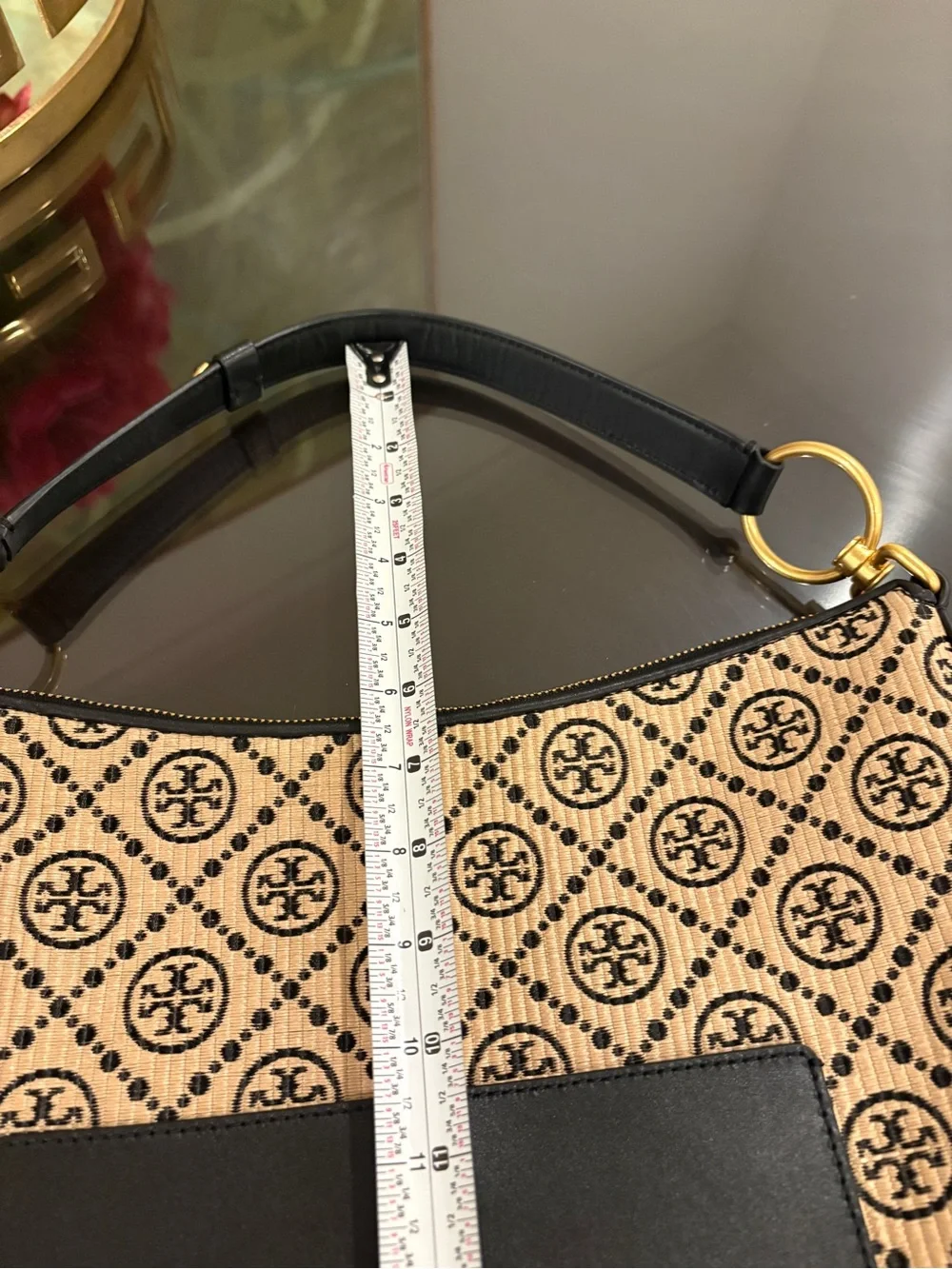 Tory Burch Raffia Woven Logo Half Moon Purse Shoulder Bag